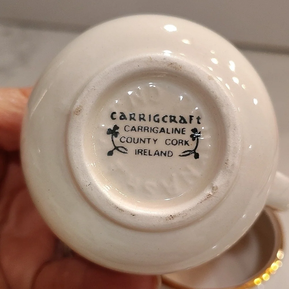 Carrigcraft County Cork Ireland  creamer sugar clover print white green gold rim